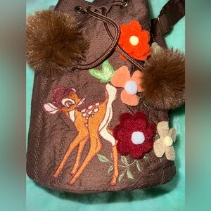 Disney Parks Bambi Brown Embroidered Bucket Bag with Fuzzy Pom-poms